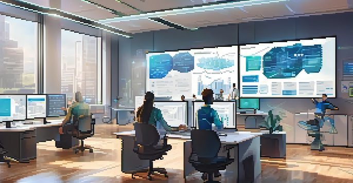 A diverse team of professionals working together in a modern office on smart contract tools, surrounded by technology and natural light.