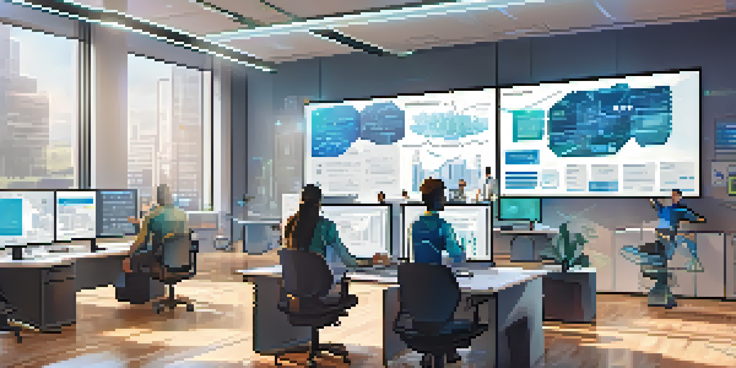 A diverse team of professionals working together in a modern office on smart contract tools, surrounded by technology and natural light.