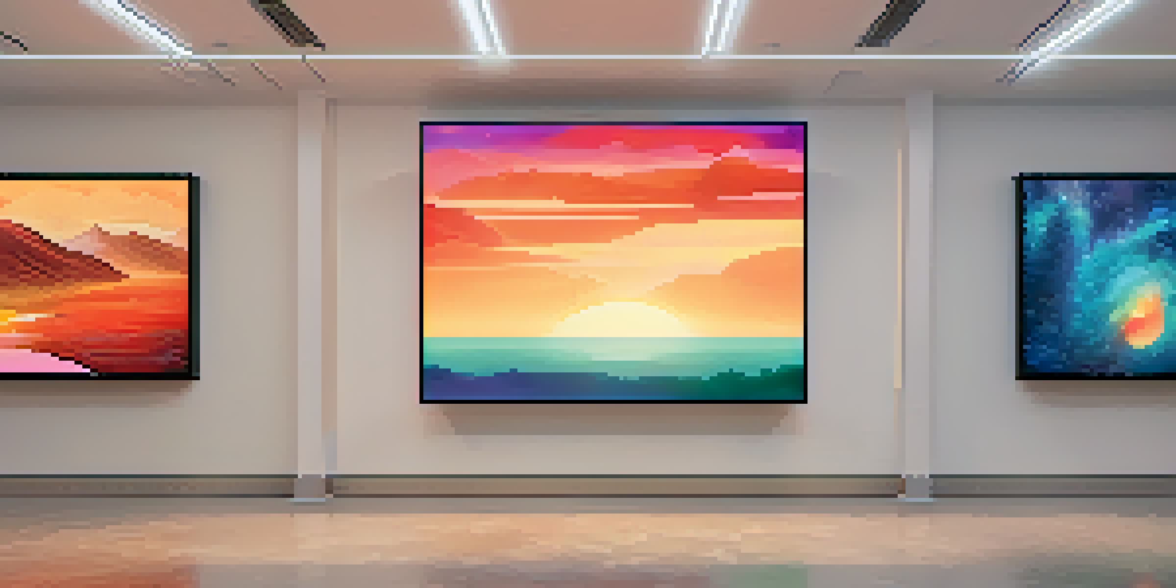A digital art gallery filled with modern screens displaying vibrant NFTs, softly lit with warm lights and visitors engaging with the art.