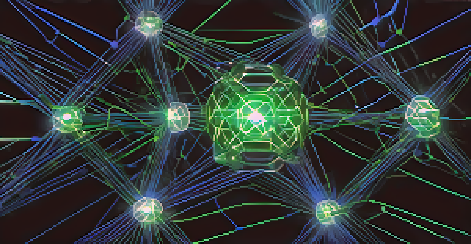 An abstract image showcasing interconnected blockchain nodes with glowing lines in blue and green on a dark background.
