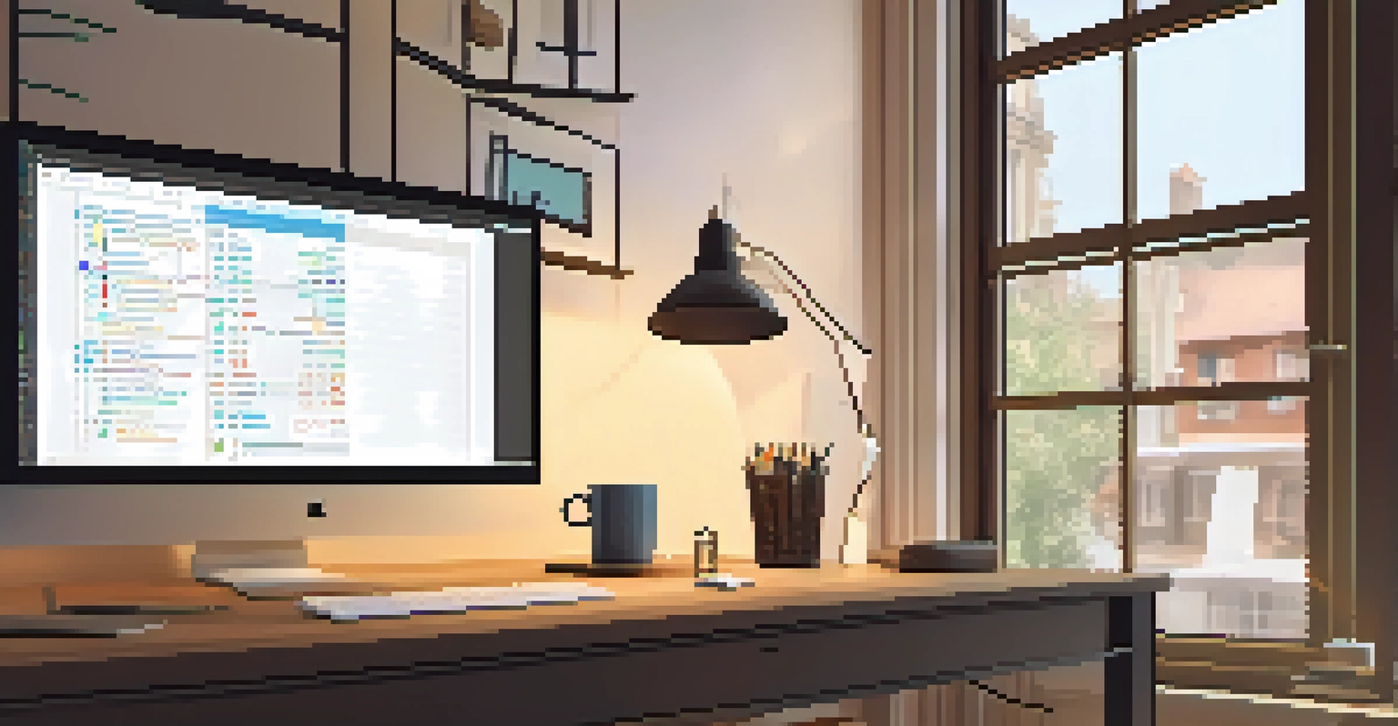 A workspace with a laptop displaying Solidity code, surrounded by tech gadgets and a coffee cup, illuminated by warm natural light.