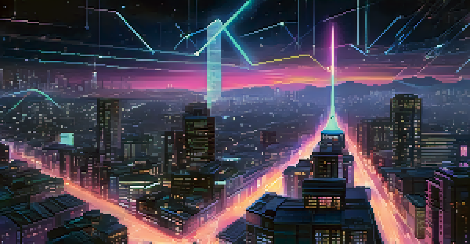 A nighttime cityscape with a digital overlay of Ethereum blockchain data and illuminated buildings, creating a futuristic atmosphere.