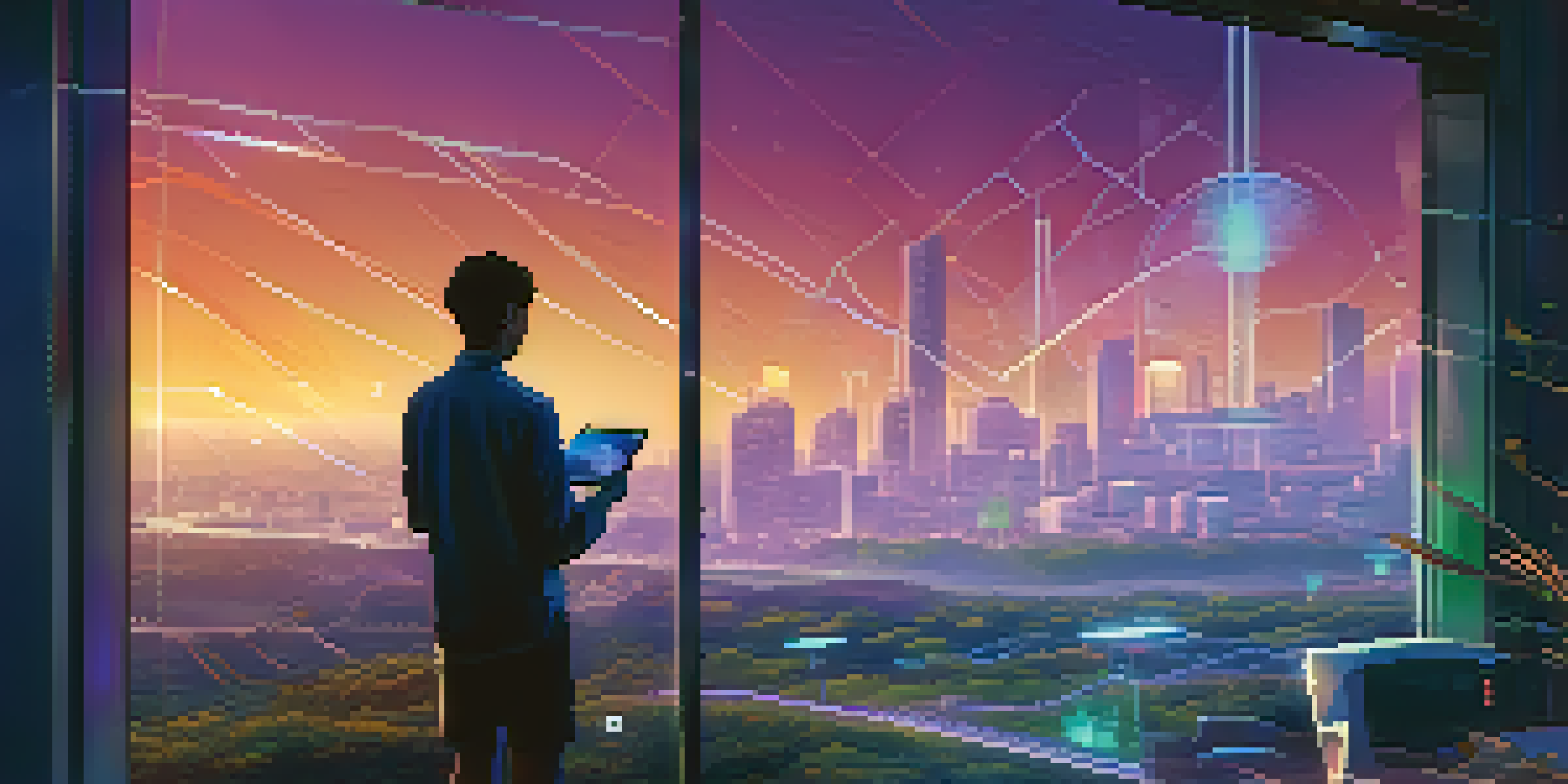 A futuristic cityscape with glowing blockchain nodes and a person using a tablet in the foreground, set against a sunset sky.
