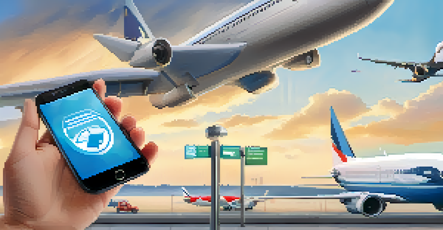 A traveler at an airport using a mobile app to file a travel insurance claim, with planes in the background.