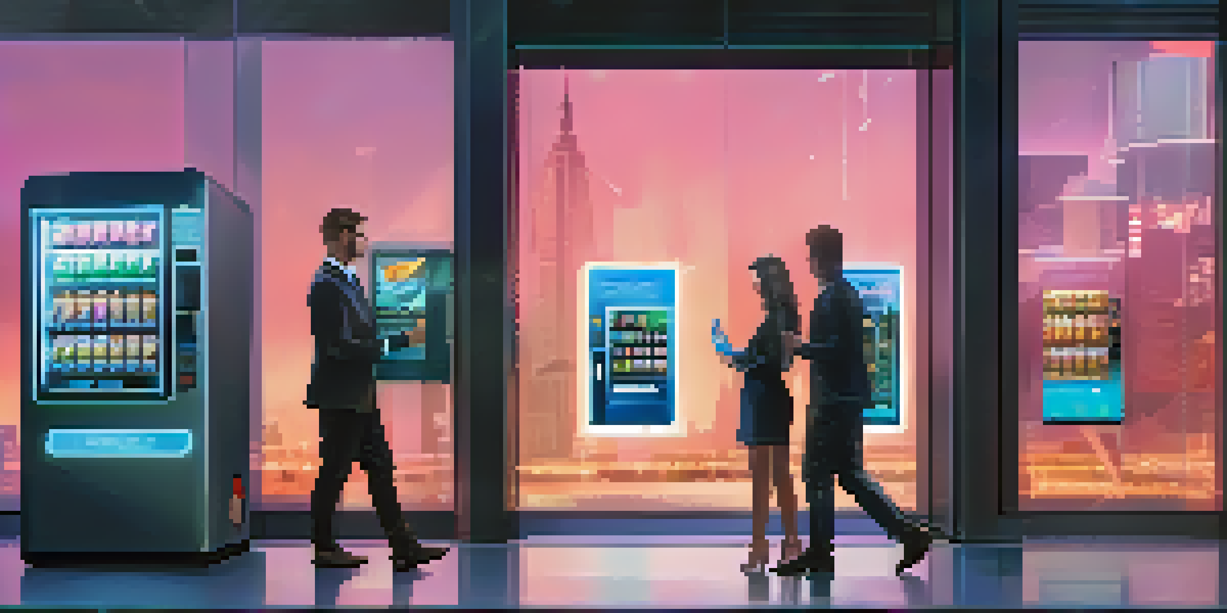 A futuristic vending machine dispensing digital tokens in a high-tech office environment, symbolizing self-executing contracts.