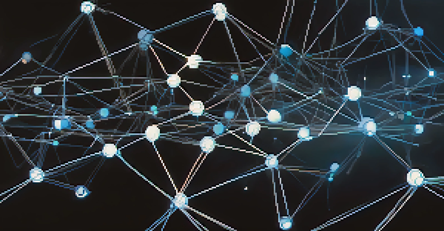 A close-up of a blockchain network visualization with glowing nodes and lines on a dark background, representing data flow.
