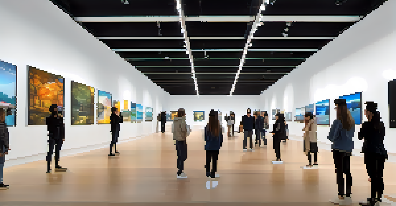 An art gallery with visitors using AR glasses to view digital artworks and NFTs in an immersive environment.