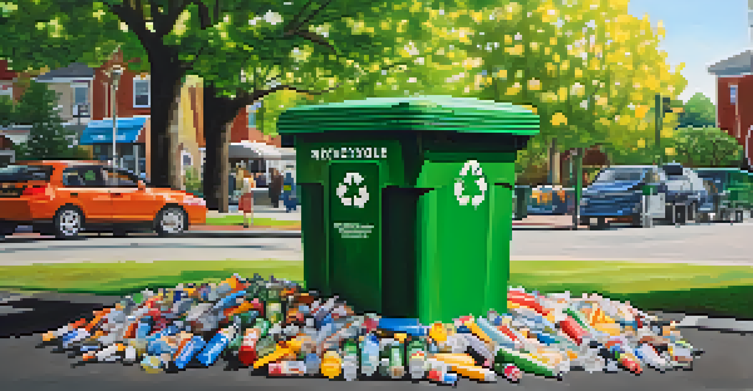 A close-up of a recycling bin overflowing with recyclable materials in a community park filled with blooming trees and flowers.