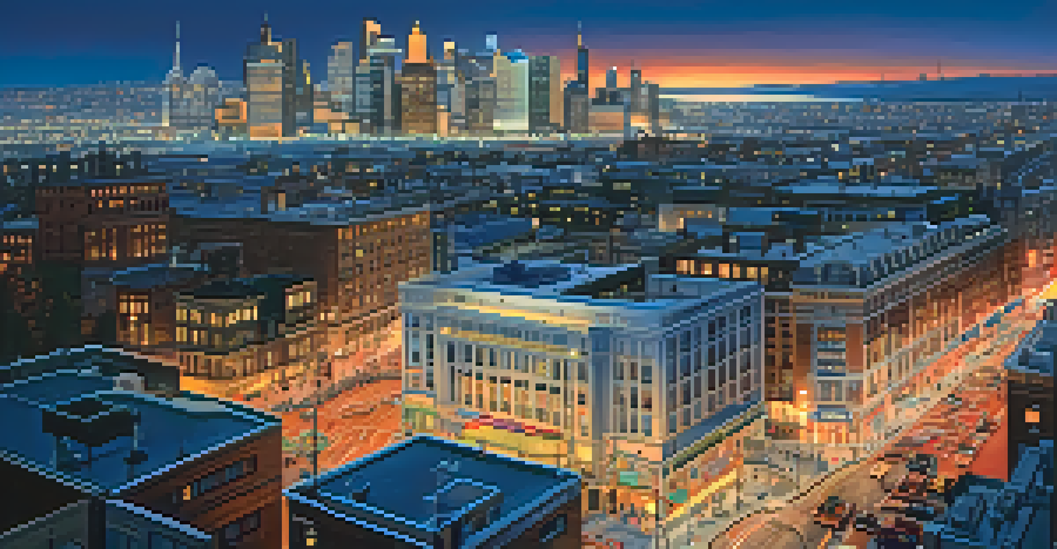 A modern city skyline at dusk with illuminated buildings and a bustling street filled with people and cars.