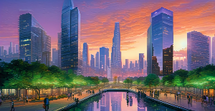 A vibrant futuristic cityscape at dusk with modern skyscrapers and green parks, people walking and digital screens displaying governance information.