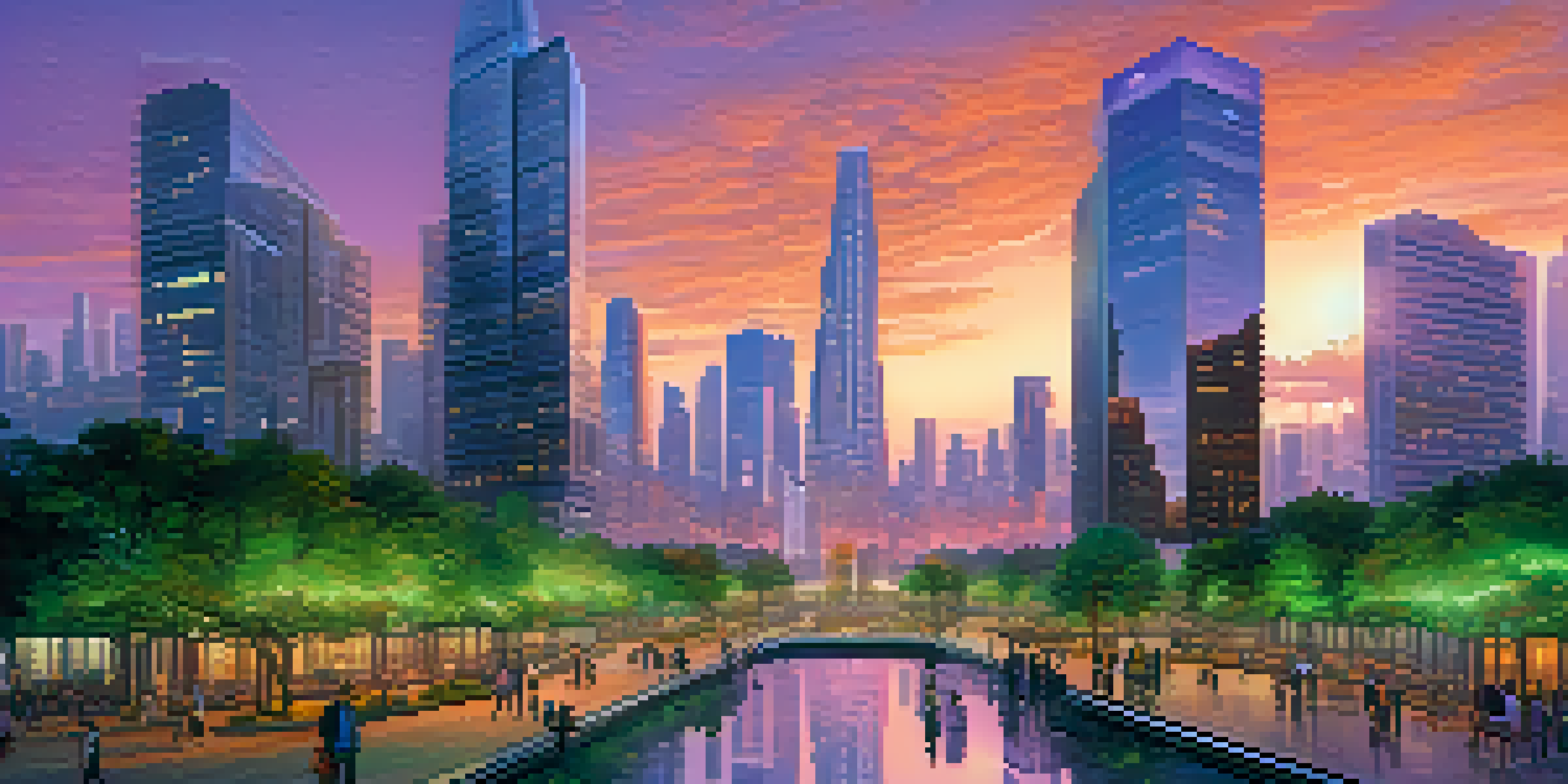 A vibrant futuristic cityscape at dusk with modern skyscrapers and green parks, people walking and digital screens displaying governance information.