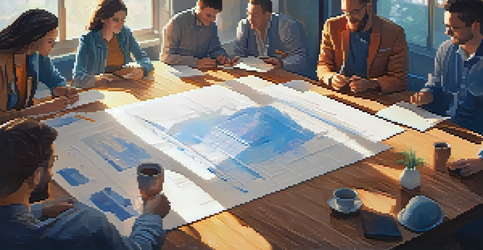 A wooden table with blueprints of Ethereum Improvement Proposals and diverse people discussing enthusiastically in a bright, sunlit room.