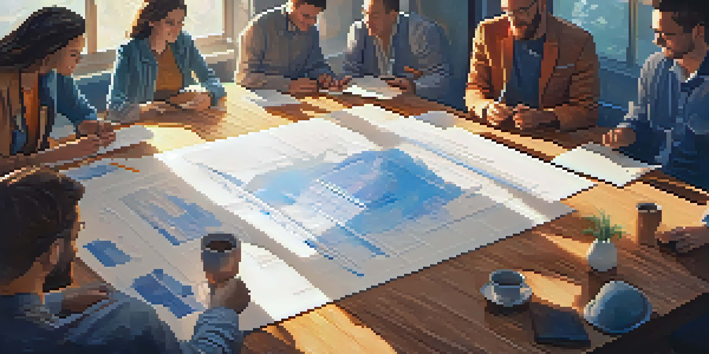 A wooden table with blueprints of Ethereum Improvement Proposals and diverse people discussing enthusiastically in a bright, sunlit room.