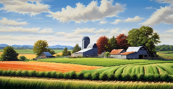 A tranquil farm scene with a farmer planting seeds in lush green fields, a rustic barn, and an orchard under a bright blue sky.