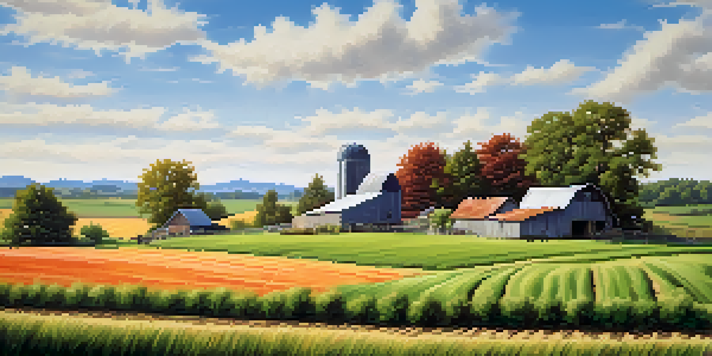A tranquil farm scene with a farmer planting seeds in lush green fields, a rustic barn, and an orchard under a bright blue sky.
