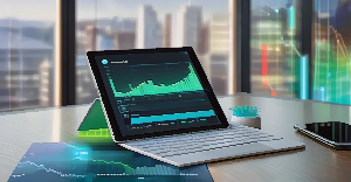 A digital tablet showing a coded Ethereum smart contract with graphs and blockchain data in a modern office.