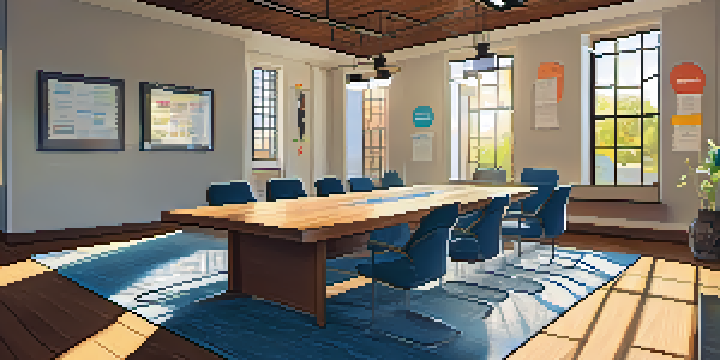 A meeting room where diverse non-profit professionals discuss blockchain technology, with sunlight streaming in and motivational quotes on the walls.
