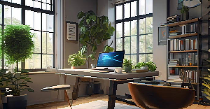 A modern workspace with a desk, laptop displaying coding screen, books on blockchain, a cup of coffee, and a plant, illuminated by natural light.