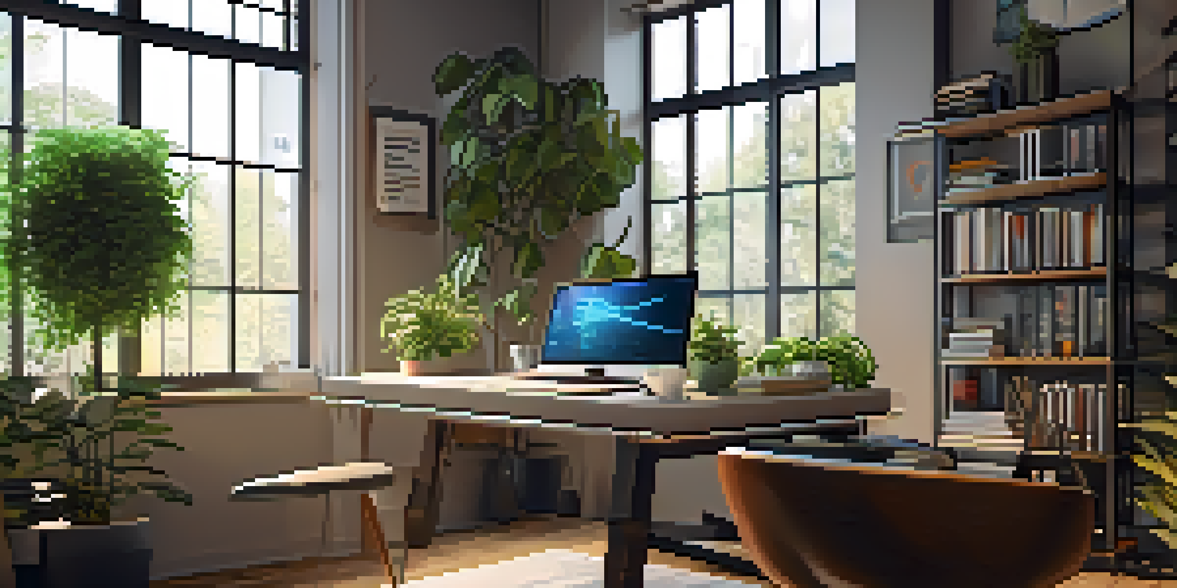 A modern workspace with a desk, laptop displaying coding screen, books on blockchain, a cup of coffee, and a plant, illuminated by natural light.