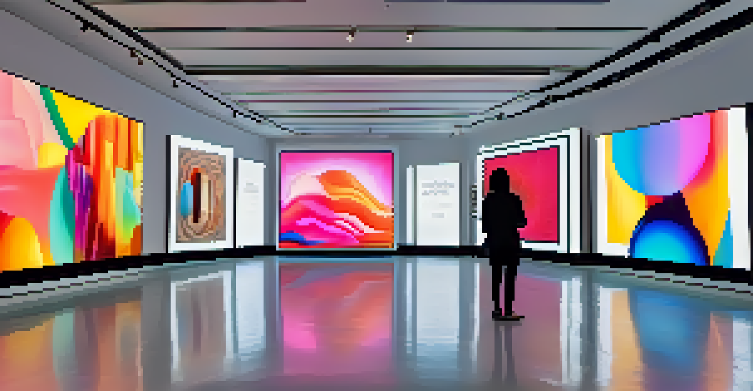 A digital art gallery with vibrant screens displaying unique NFTs, featuring visitors using augmented reality devices in a softly lit environment.