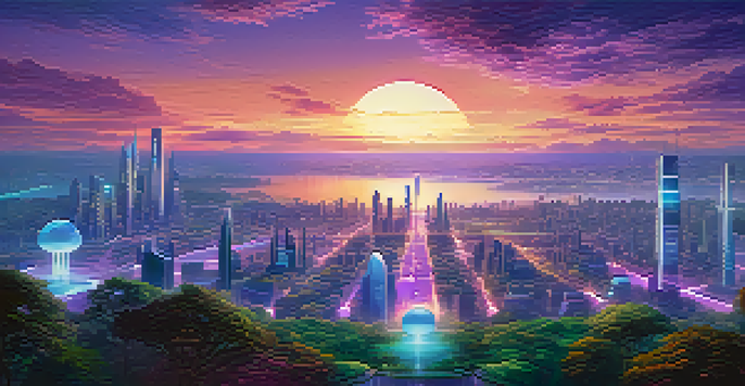 A futuristic city with glowing encrypted data streams and greenery, under a gradient sky.