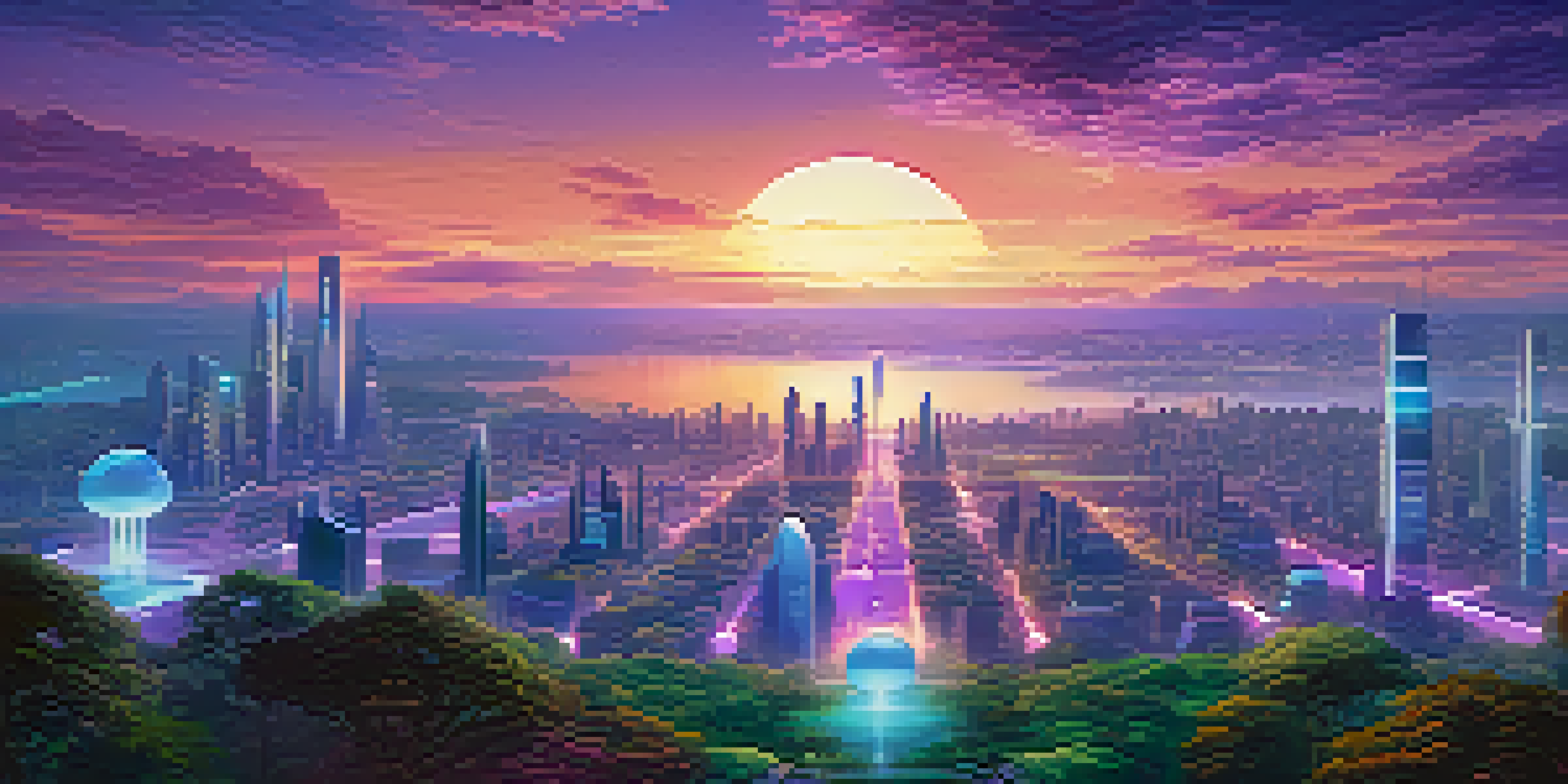 A futuristic city with glowing encrypted data streams and greenery, under a gradient sky.