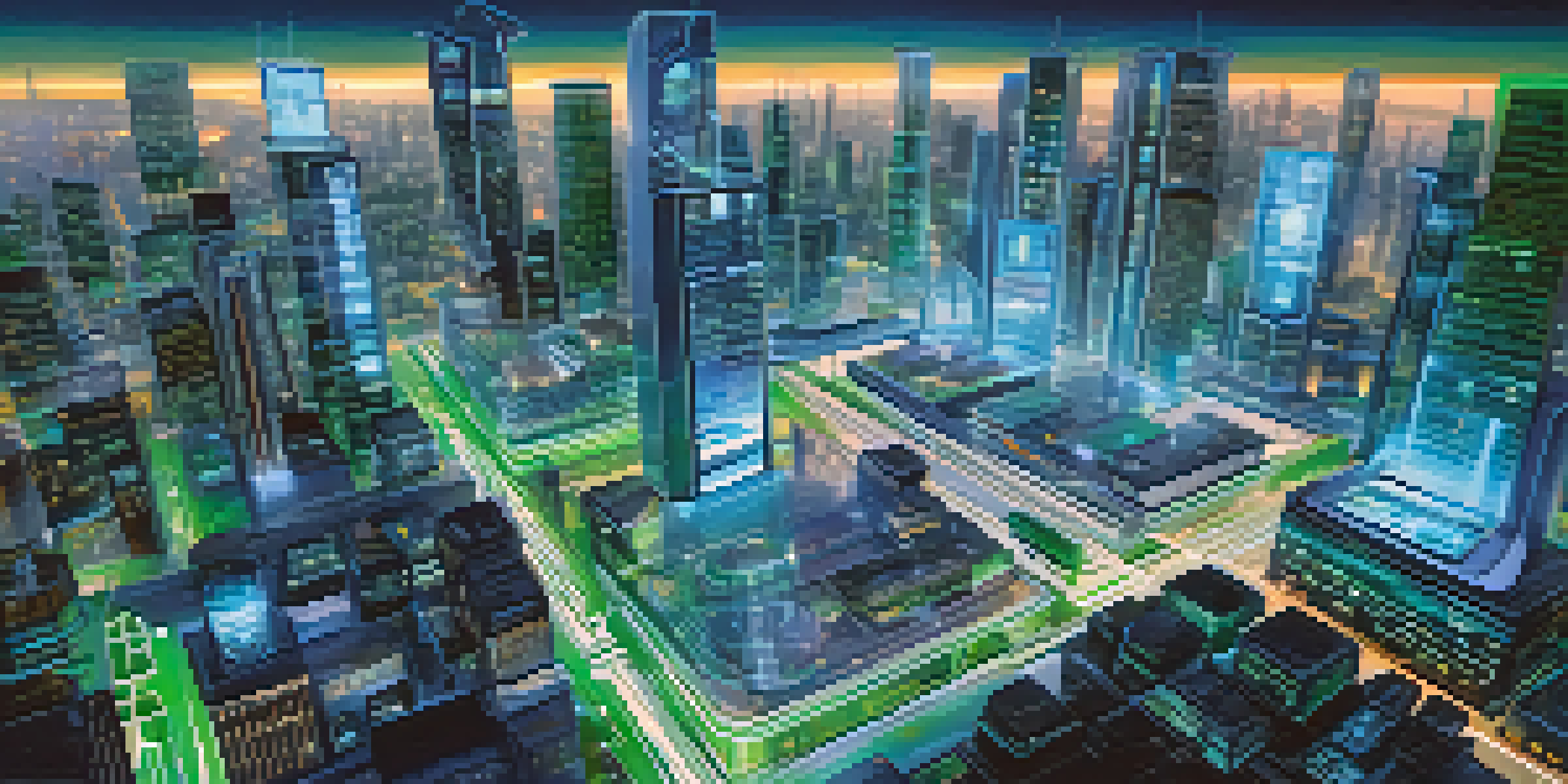 A vibrant city with digital models of buildings, displaying data about traffic and energy, illuminated by blue and green lights, with drones flying overhead.