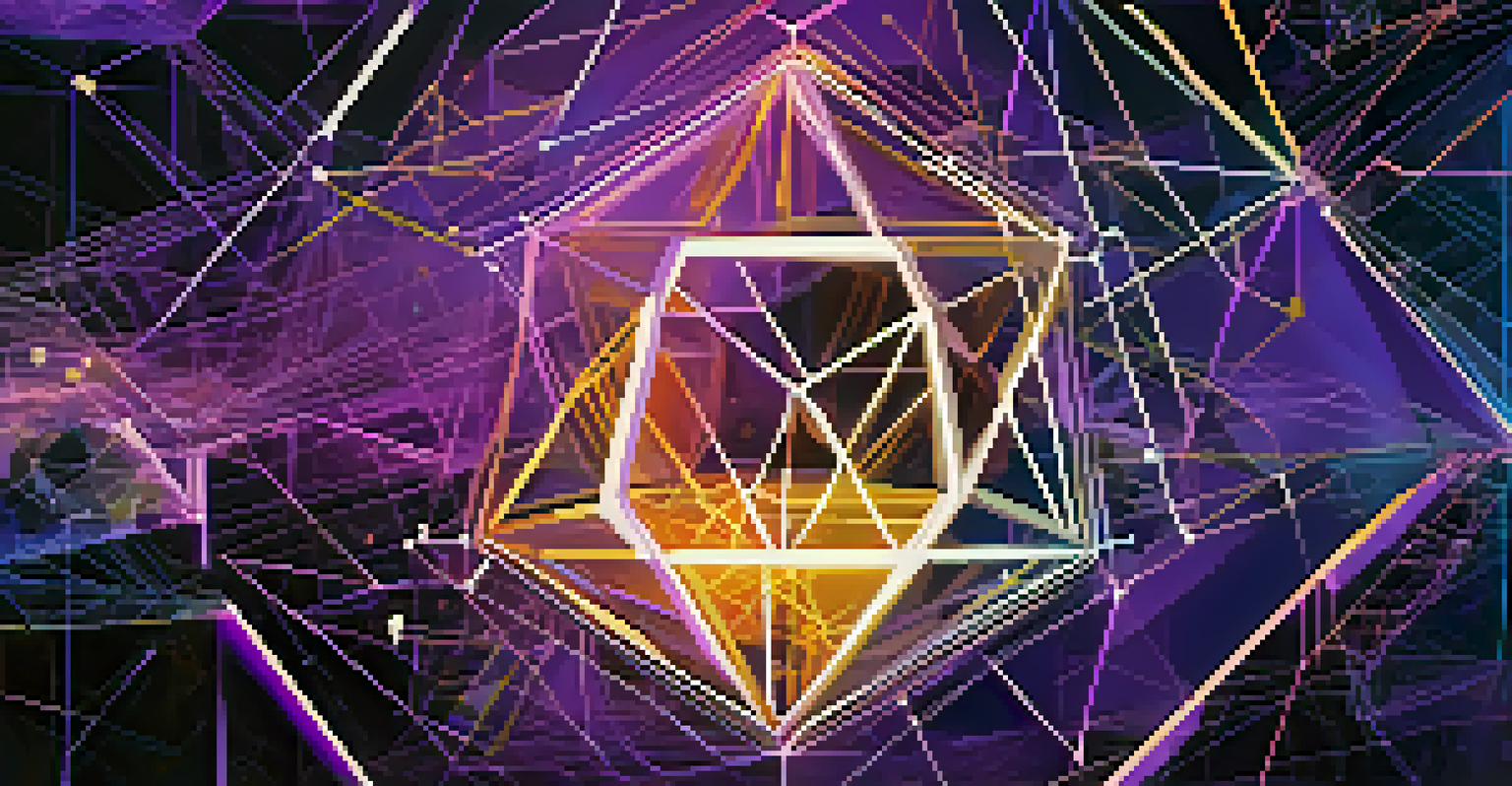 An abstract illustration of Ethereum's blockchain technology with interconnected nodes and smart contracts in vibrant colors.