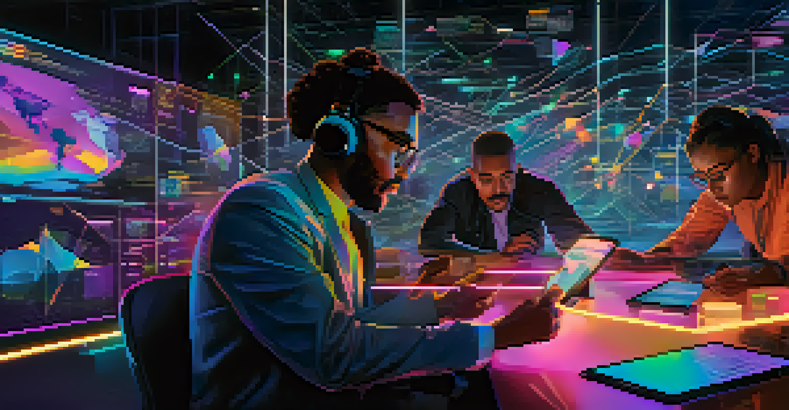 Diverse individuals using devices with holographic graphs and digital assets in a decentralized finance setting, emphasizing innovation.