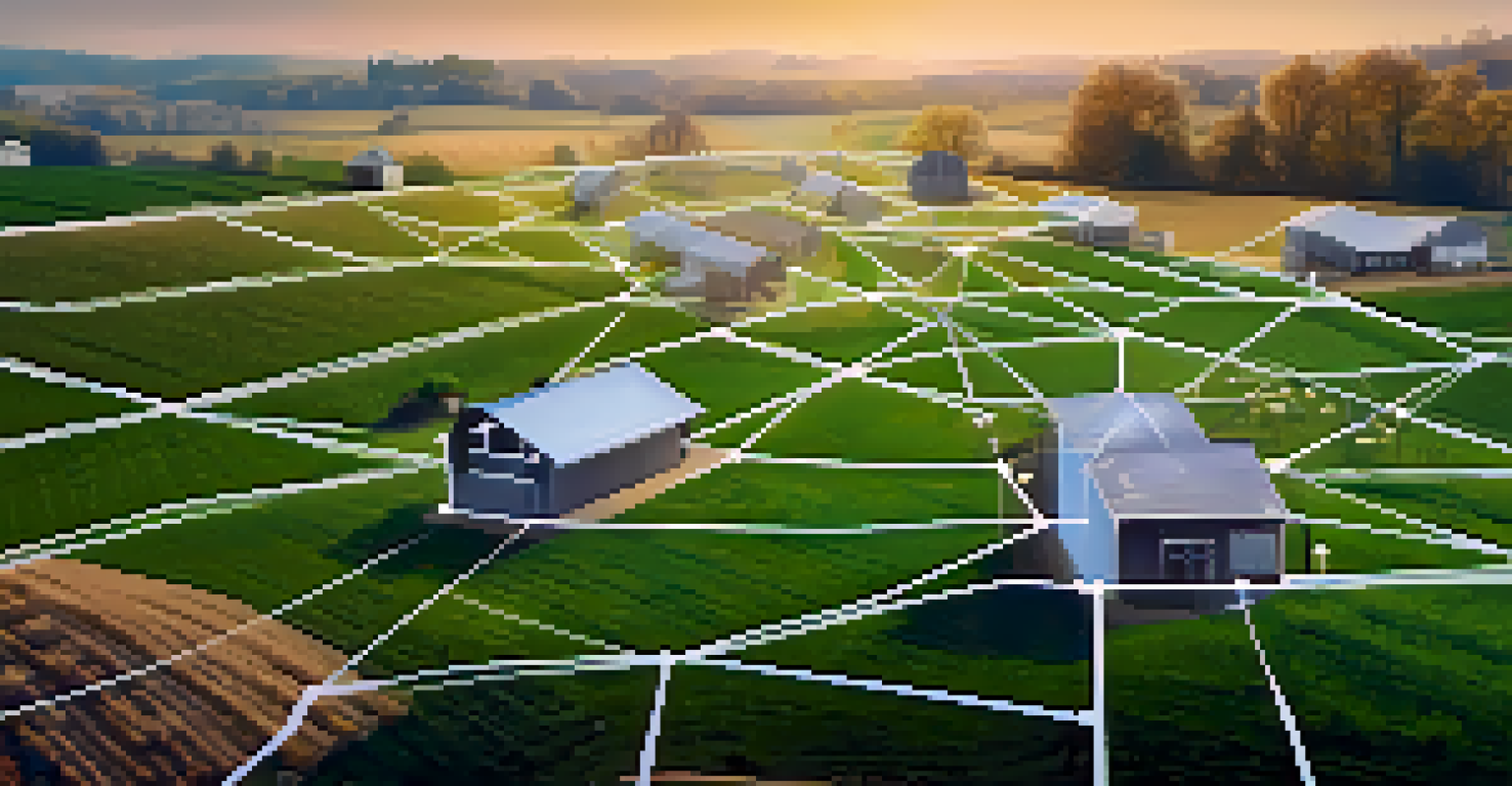 A digital blockchain network overlaid on a modern farm image, symbolizing transparency in agriculture.