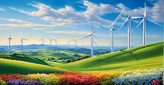 An abstract scene of wind turbines on green hills with blooming flowers.
