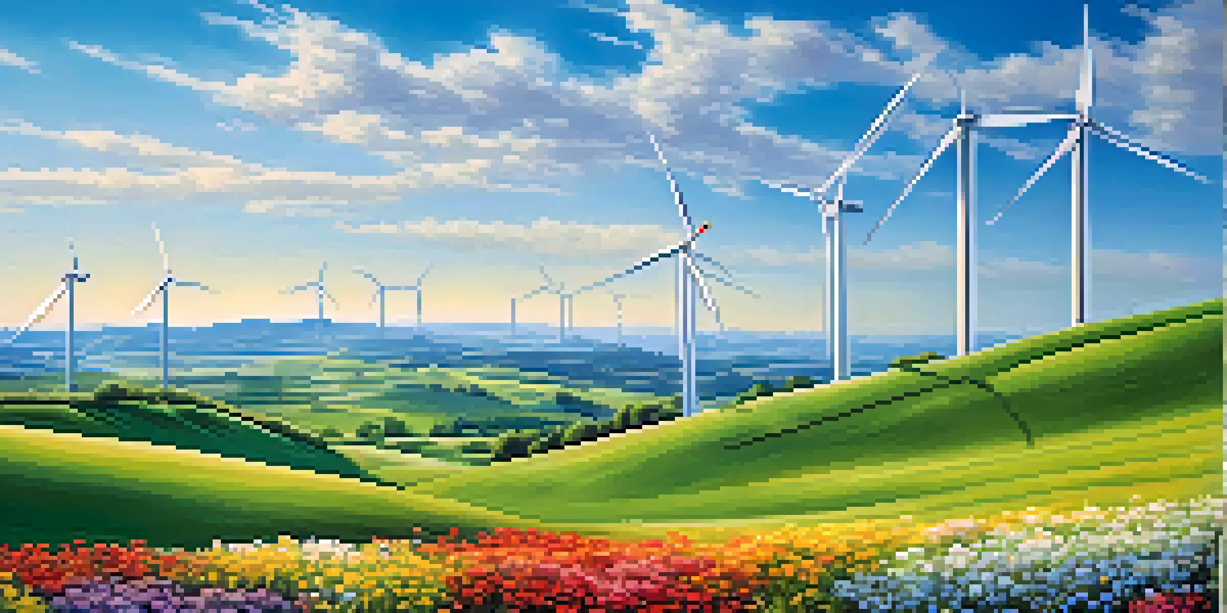 An abstract scene of wind turbines on green hills with blooming flowers.