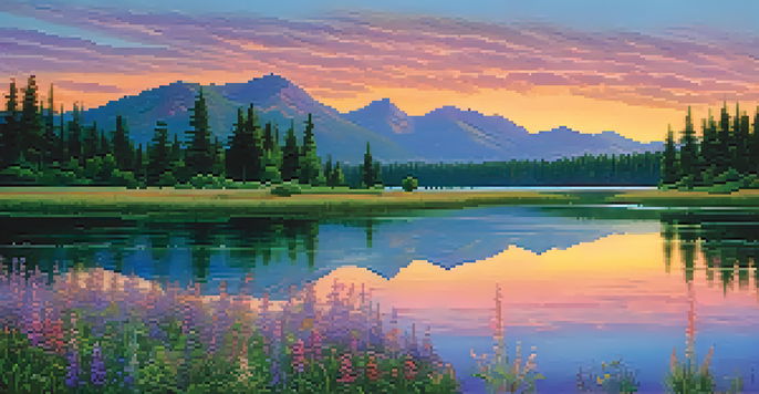A colorful sunset over a calm lake with mountains in the background and blooming wildflowers in the foreground.