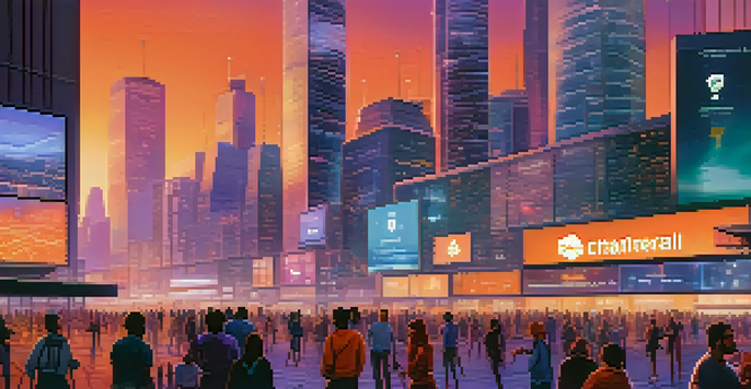 A colorful urban scene representing decentralized finance, with people using devices and digital displays on skyscrapers at dusk.