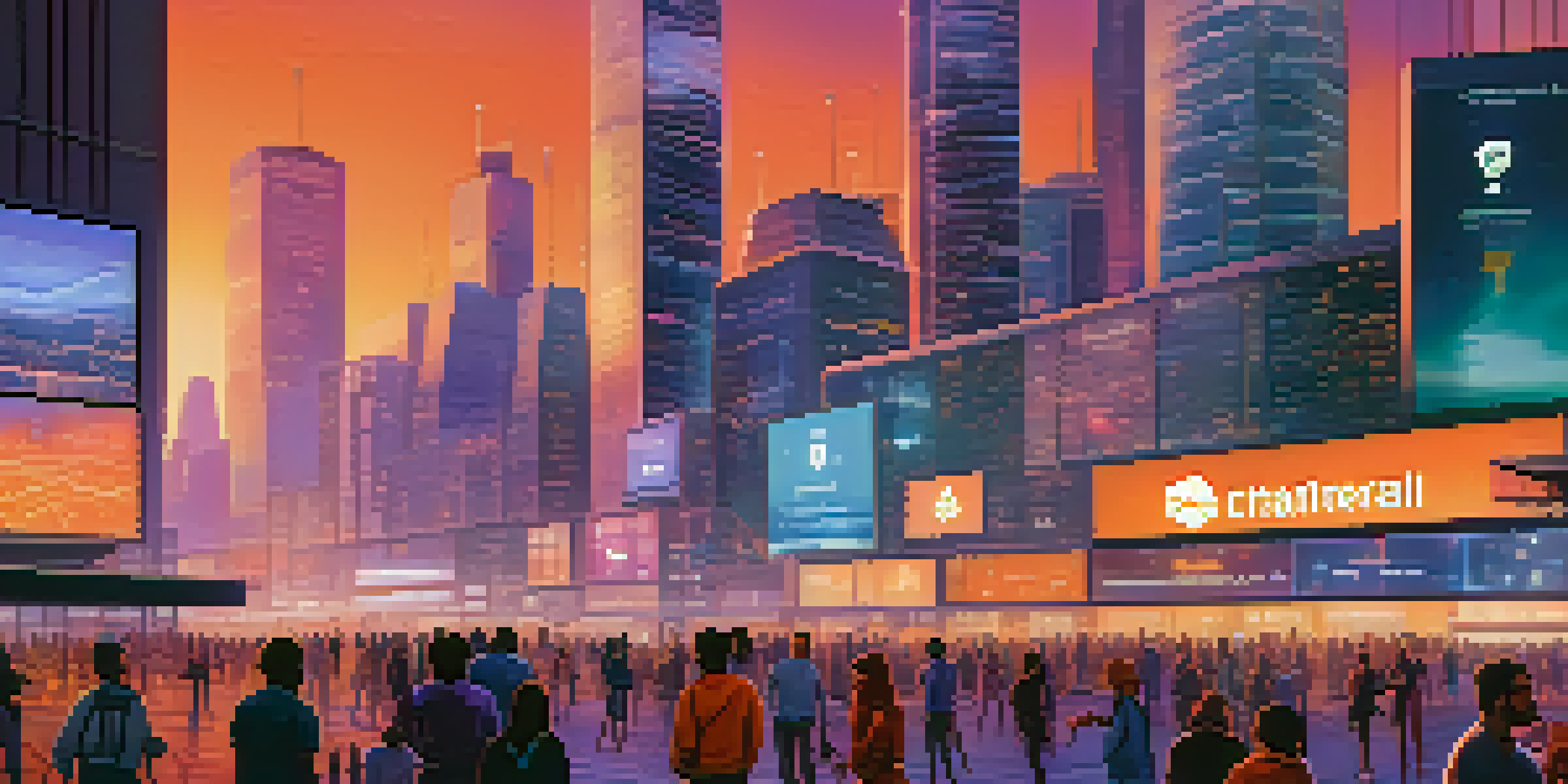 A colorful urban scene representing decentralized finance, with people using devices and digital displays on skyscrapers at dusk.