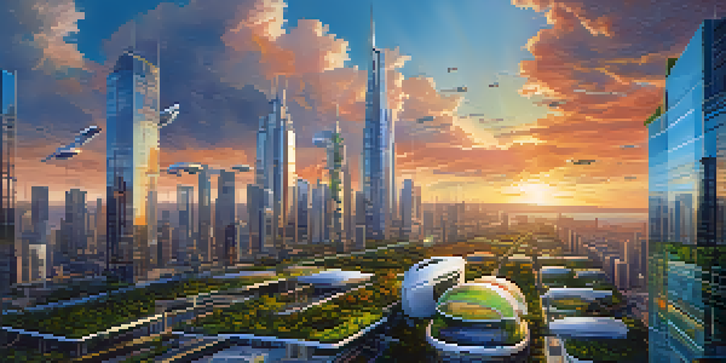 A futuristic cityscape showing a mix of traditional and modern buildings at sunset, with vibrant colors and drones in the sky.