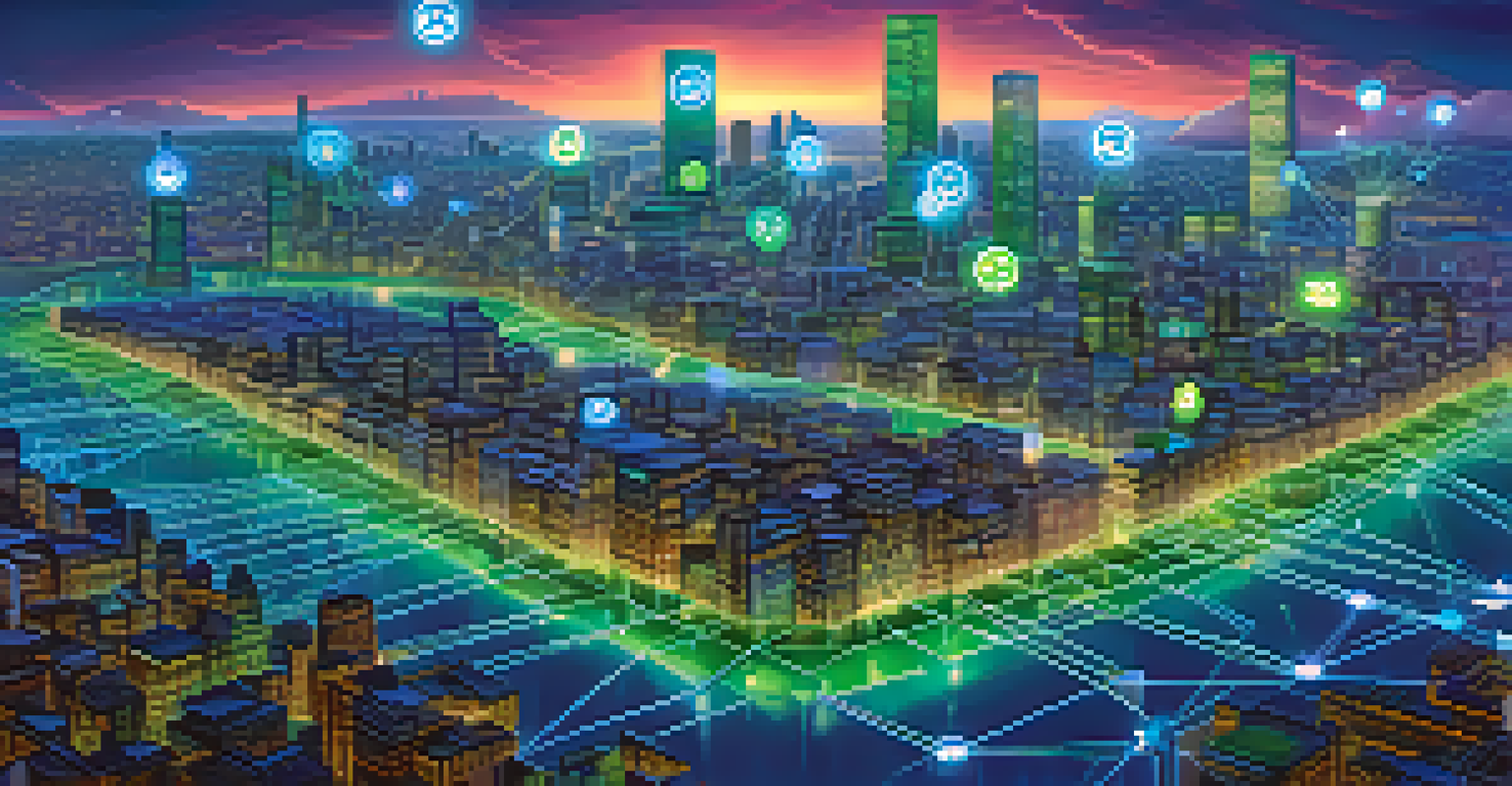 A visual representation of blockchain technology with glowing nodes and tokens against a city skyline at dusk.