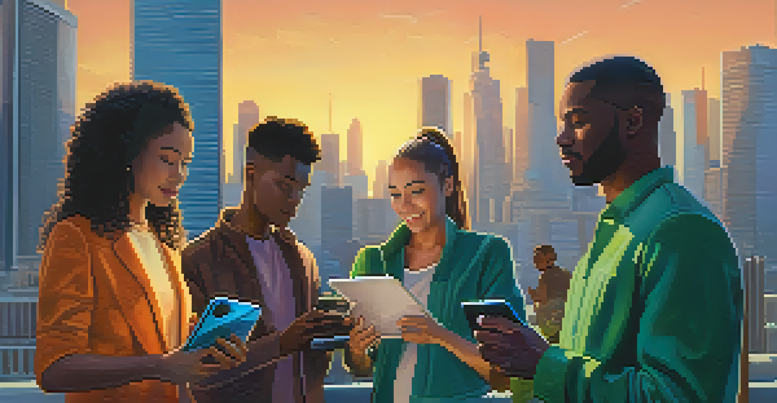 A diverse group of people in an urban setting, holding devices displaying their digital identities, symbolizing self-sovereign identity.