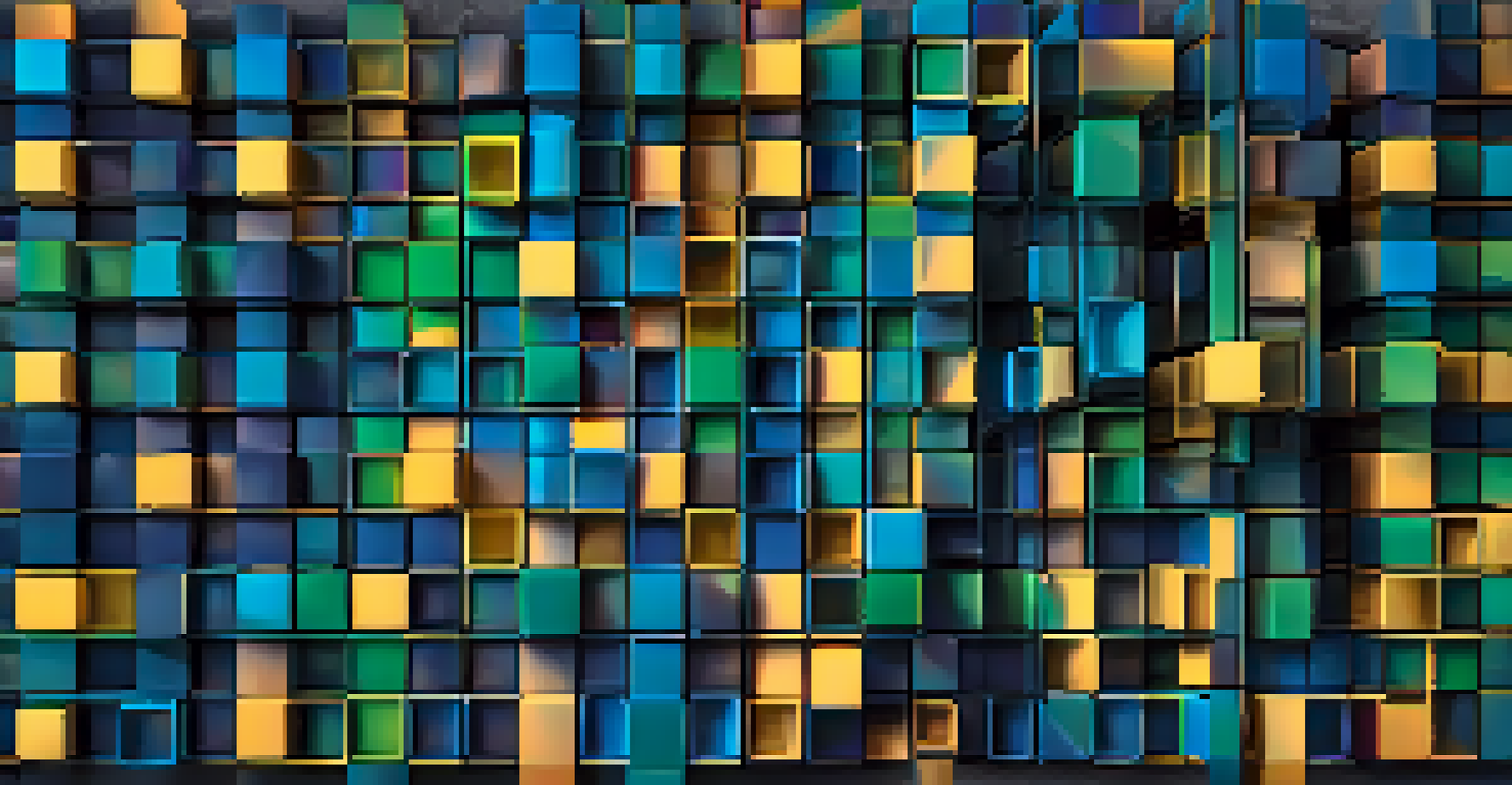 An abstract representation of blockchain technology with interconnected glowing blocks in vibrant colors against a dark background.