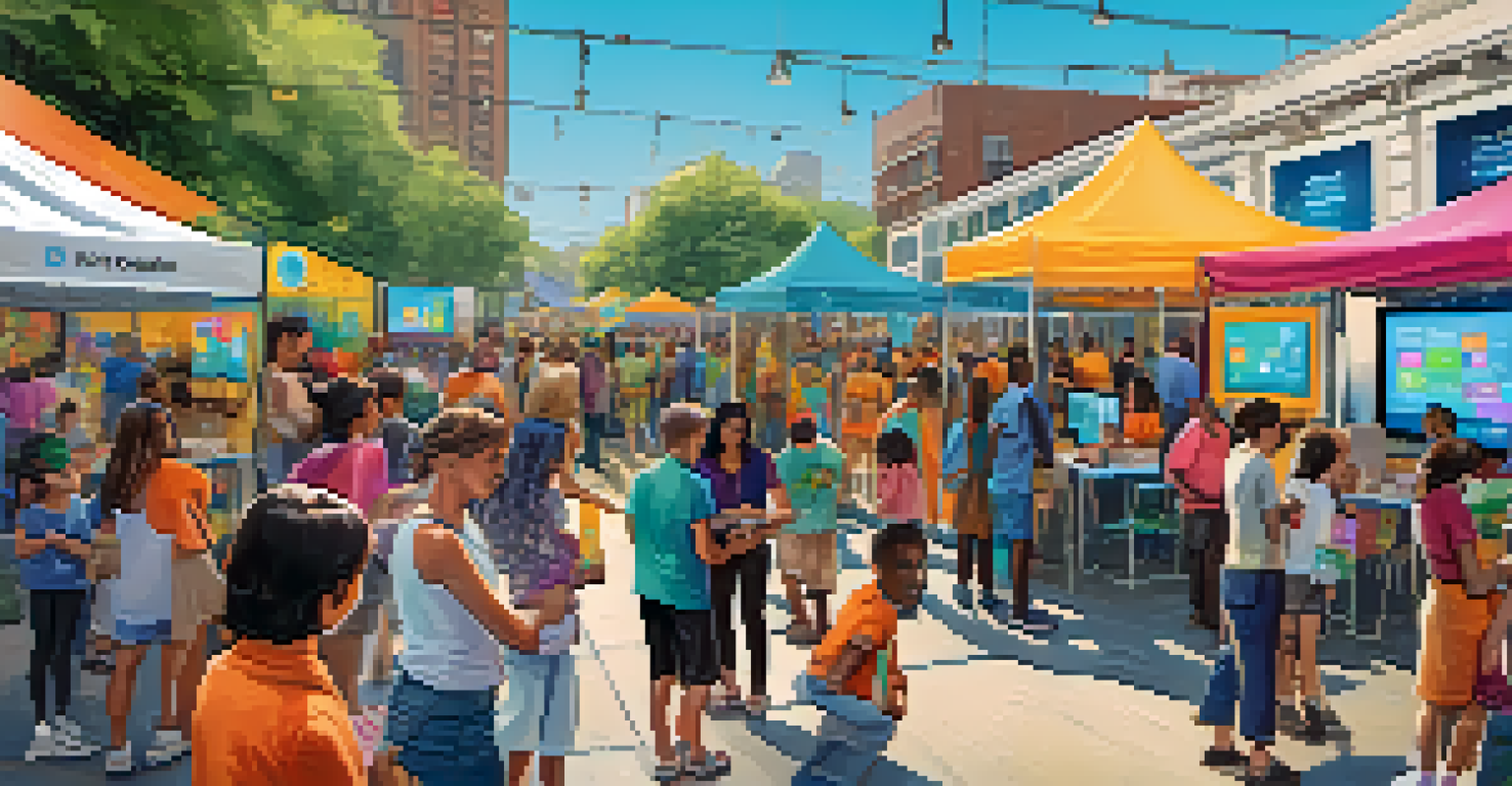 A community event where people gather around a booth promoting blockchain technology for non-profits, with colorful decorations and engaging activities.