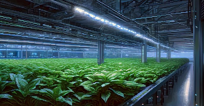A modern Ethereum mining facility with high-tech rigs and green plants, symbolizing sustainability.