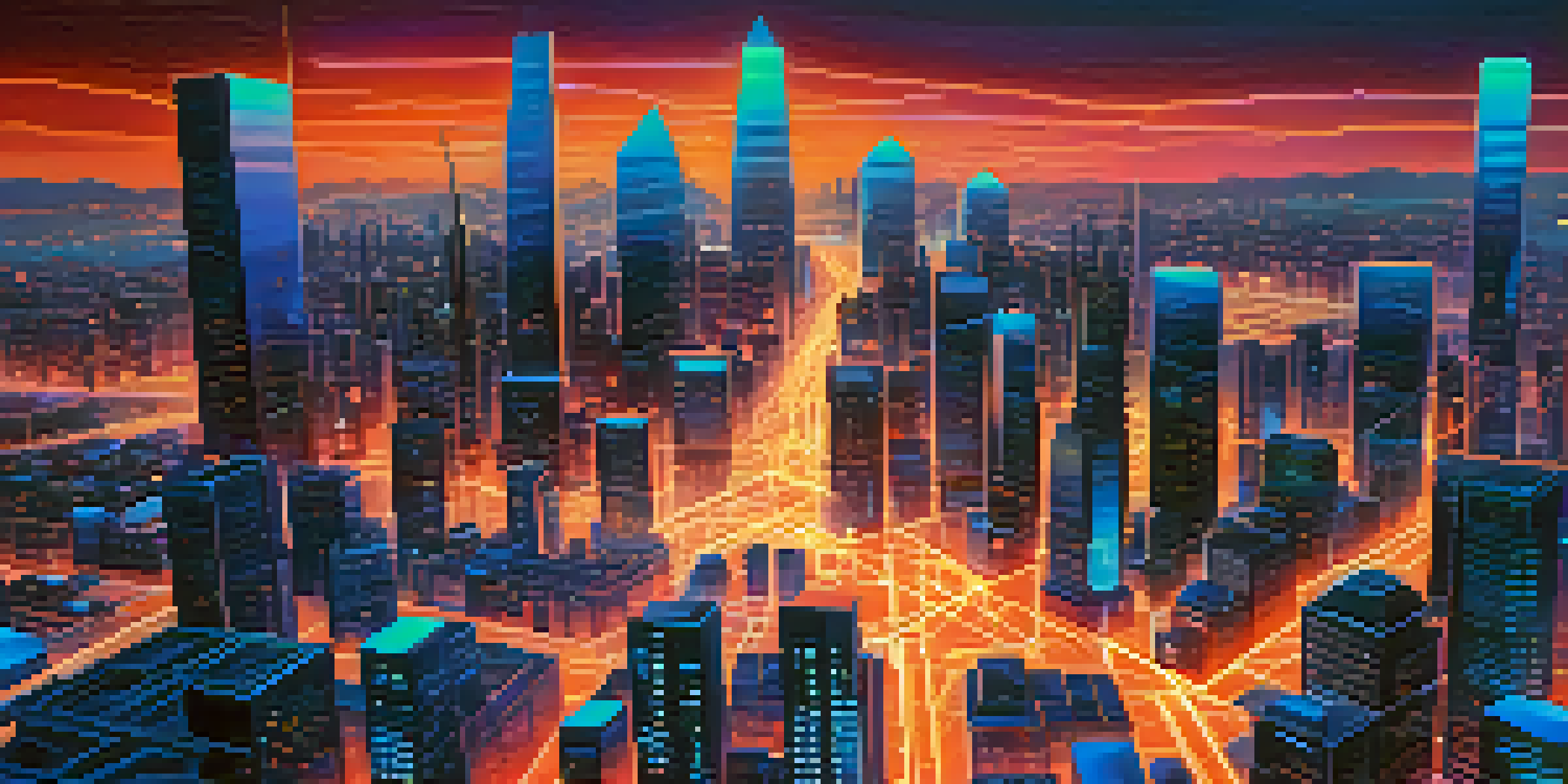 A futuristic city skyline at dusk with glowing geometric shapes representing blockchain nodes and vibrant neon colors.