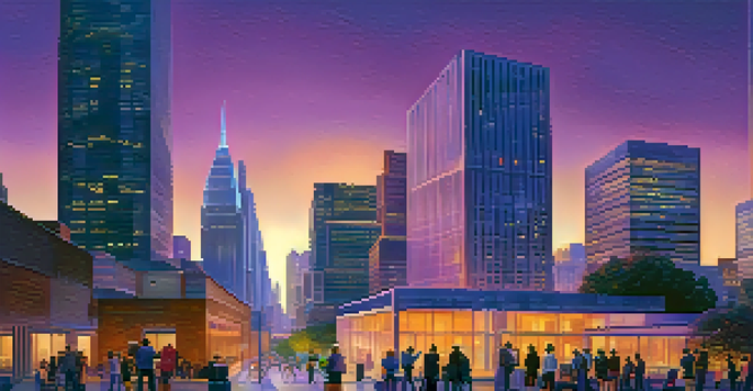 A cityscape featuring a modern government building with citizens discussing and using digital devices for voting.