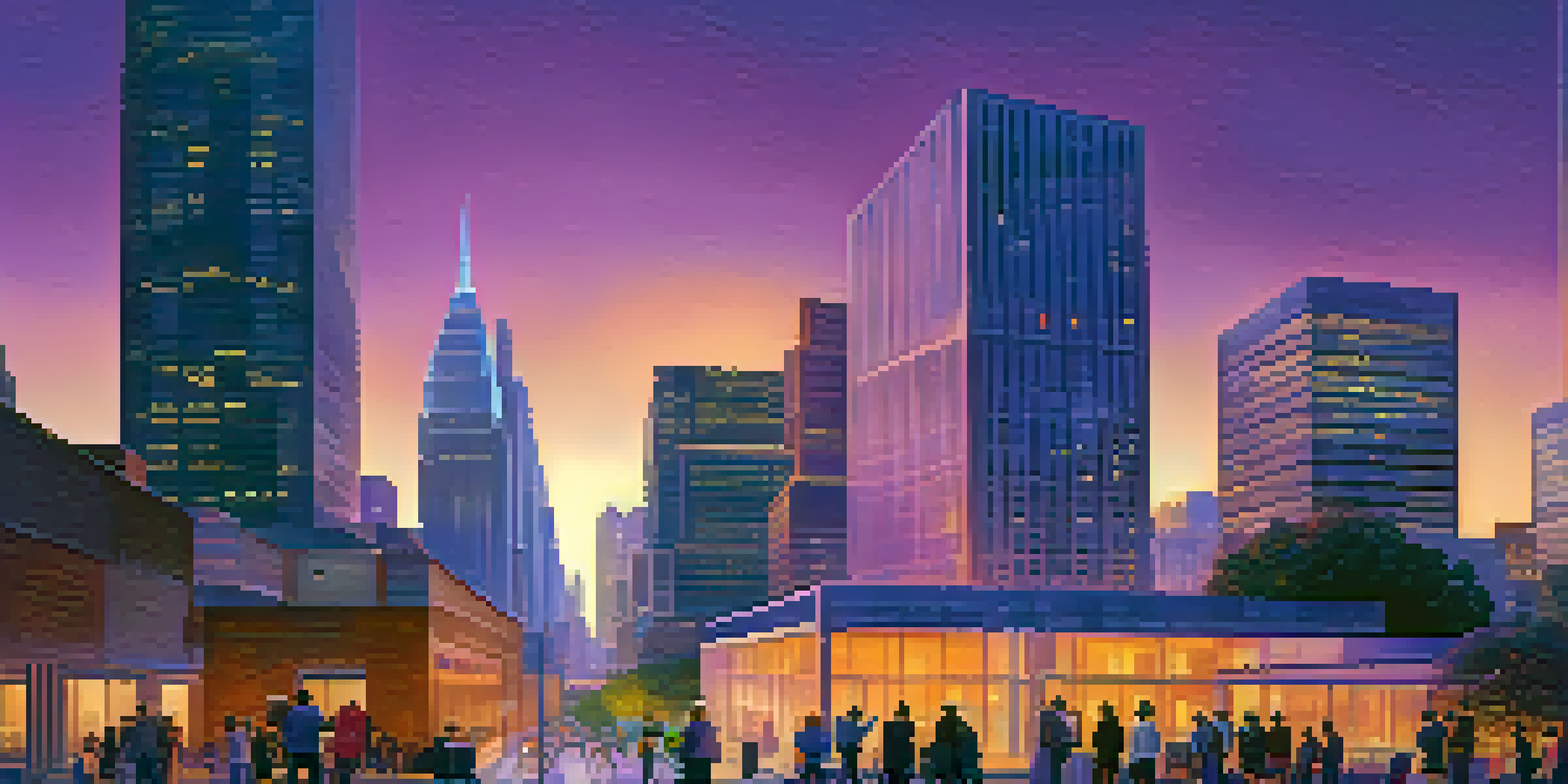 A cityscape featuring a modern government building with citizens discussing and using digital devices for voting.