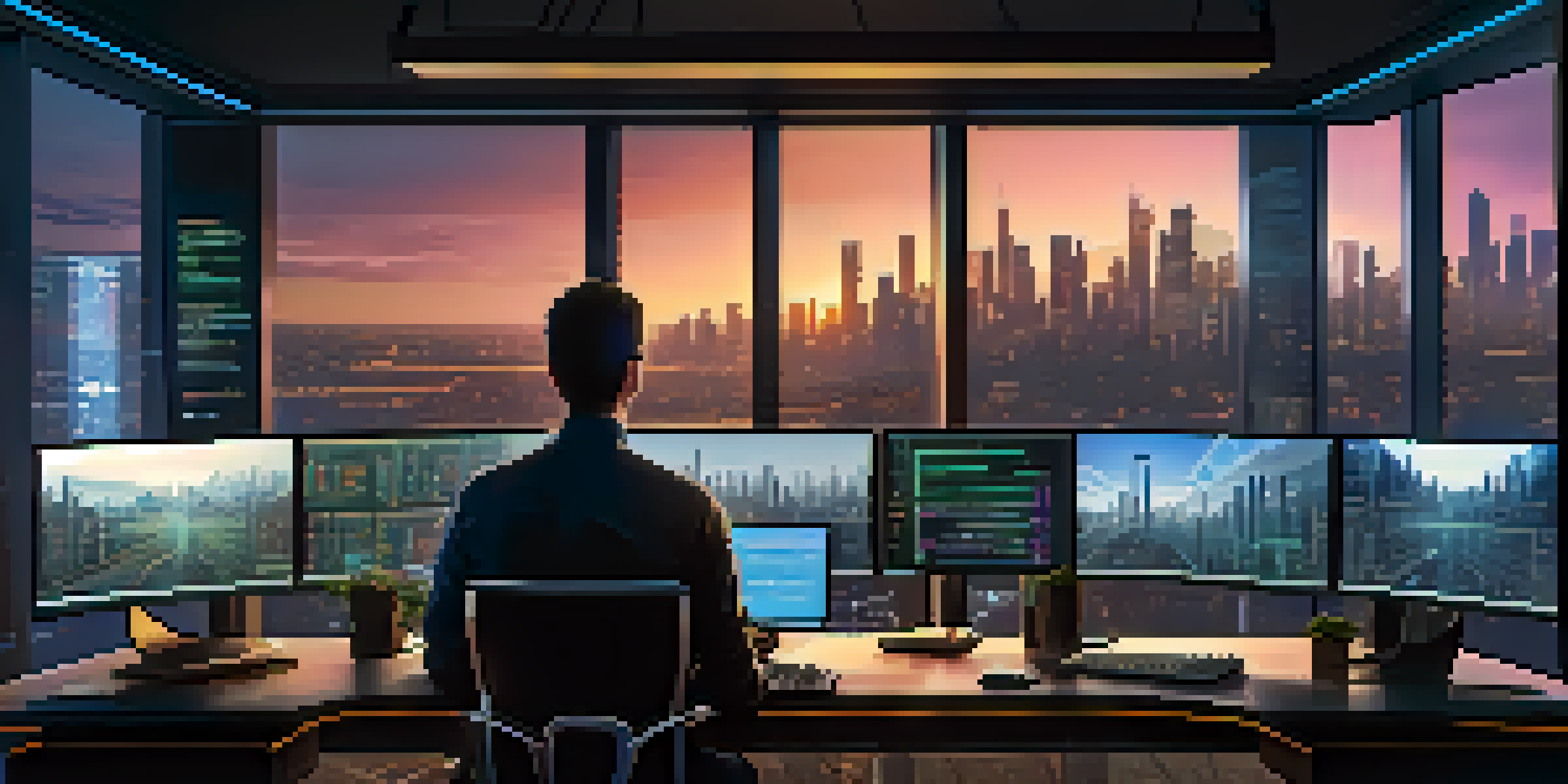 A focused developer working at a desk with multiple monitors showing code and blockchain diagrams, with a city skyline in the background during dusk.