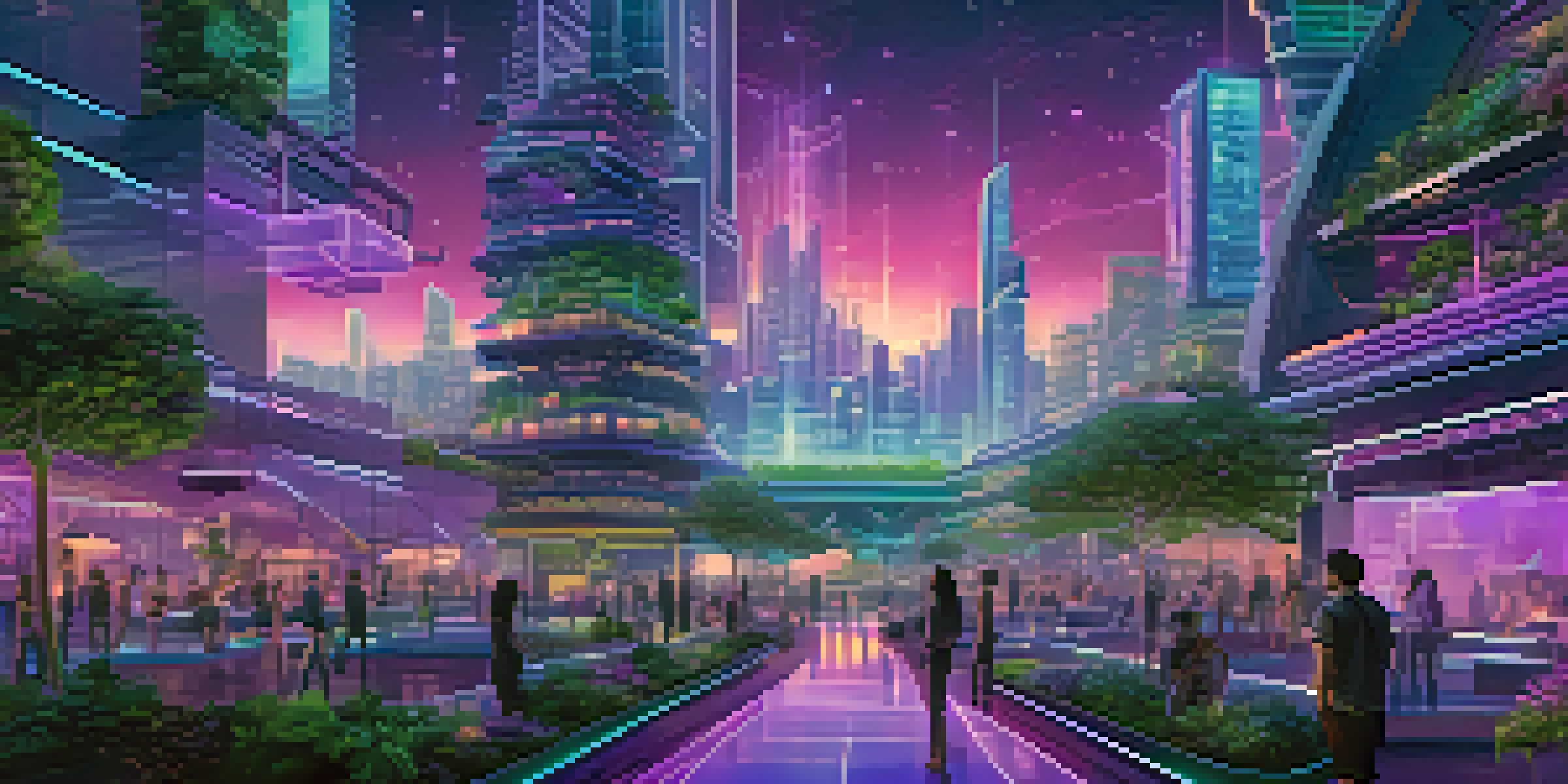 A futuristic cityscape showcasing blockchain technology with glowing skyscrapers and people using holographic screens.
