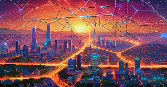 A colorful digital landscape with glowing nodes and lines representing blockchain networks, a futuristic city skyline in the background, and cryptocurrency icons floating around.