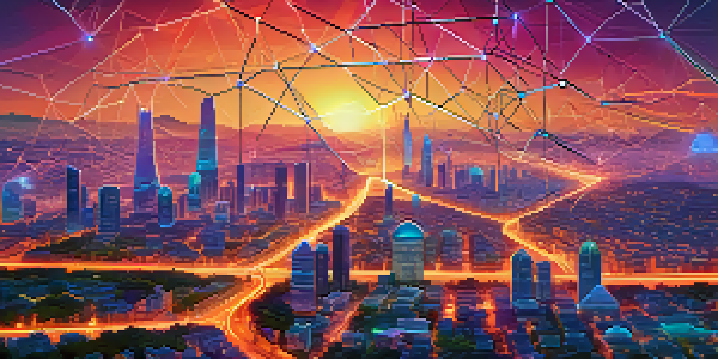 A colorful digital landscape with glowing nodes and lines representing blockchain networks, a futuristic city skyline in the background, and cryptocurrency icons floating around.