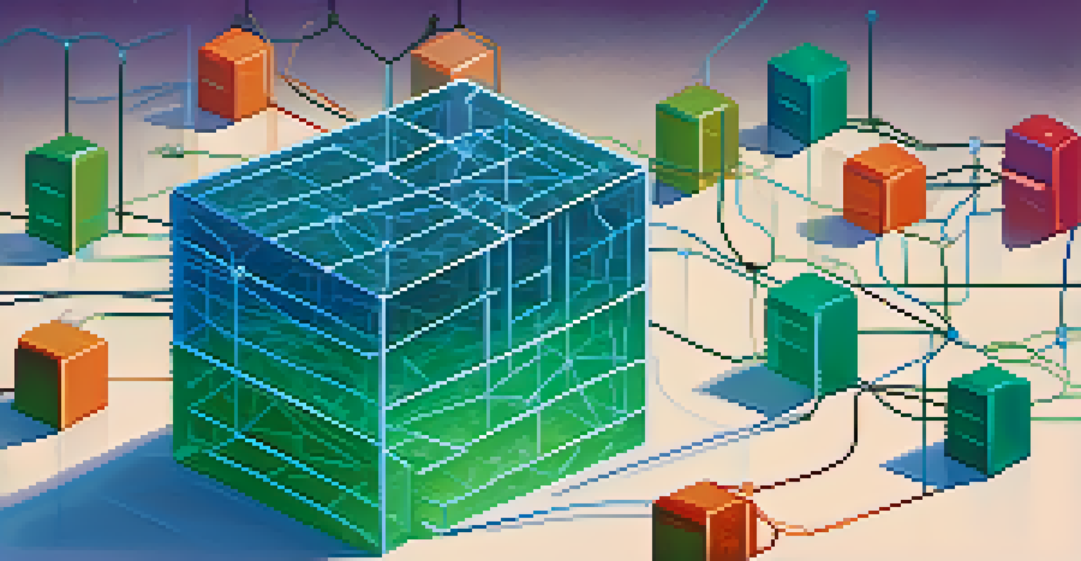 A visual representation of a blockchain network with interconnected nodes and a ballot box filled with colorful ballots, symbolizing secure voting.