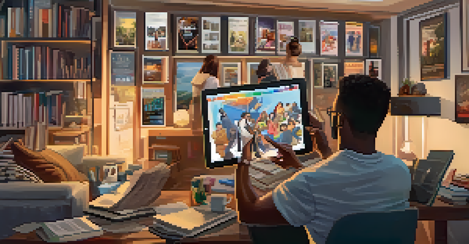 A self-publishing author celebrating success with their works displayed as NFTs, surrounded by engaged readers in a modern workspace.